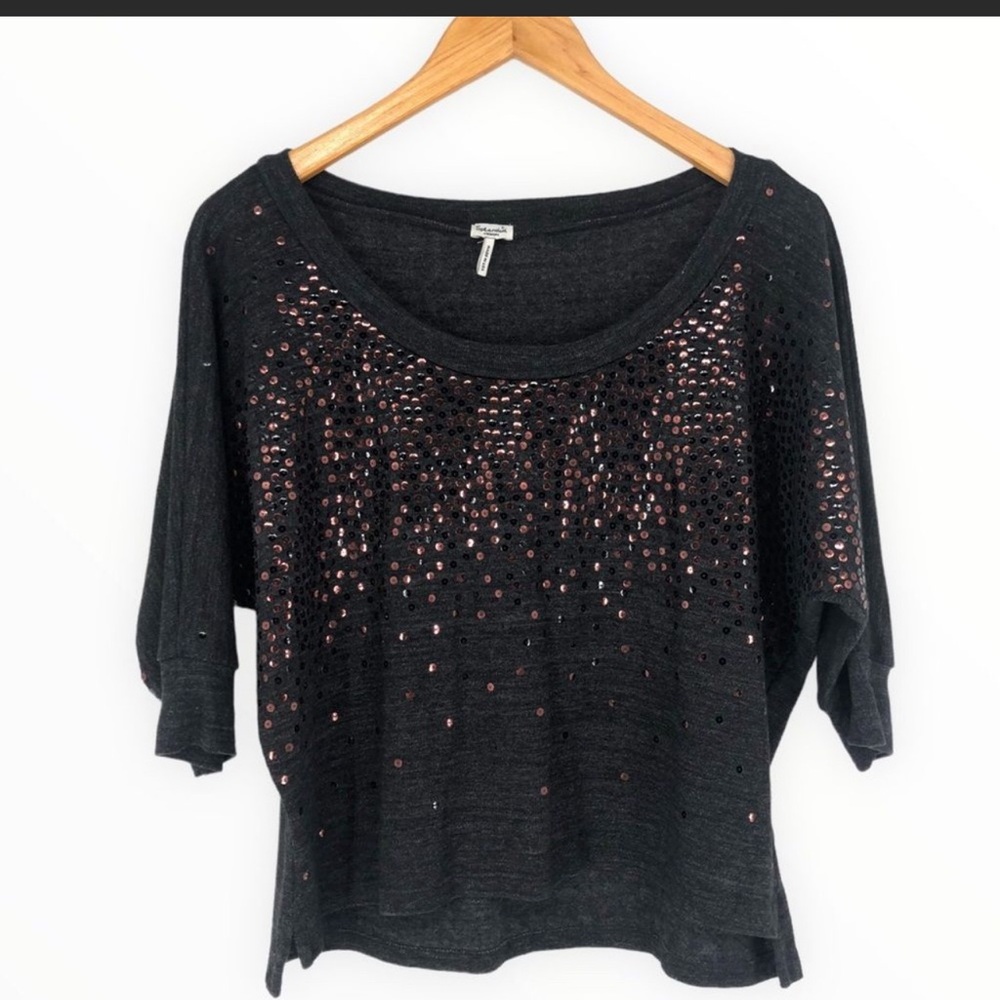Splendid, charcoal grey top with metallic sequence